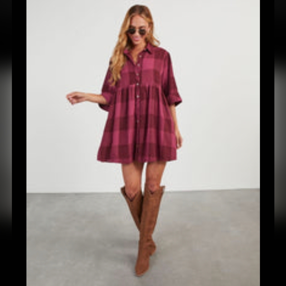 Vici, Entro, Burgundy Dress Shilah Plaid Babydoll Mini Dress, L - Picture 2 of 10